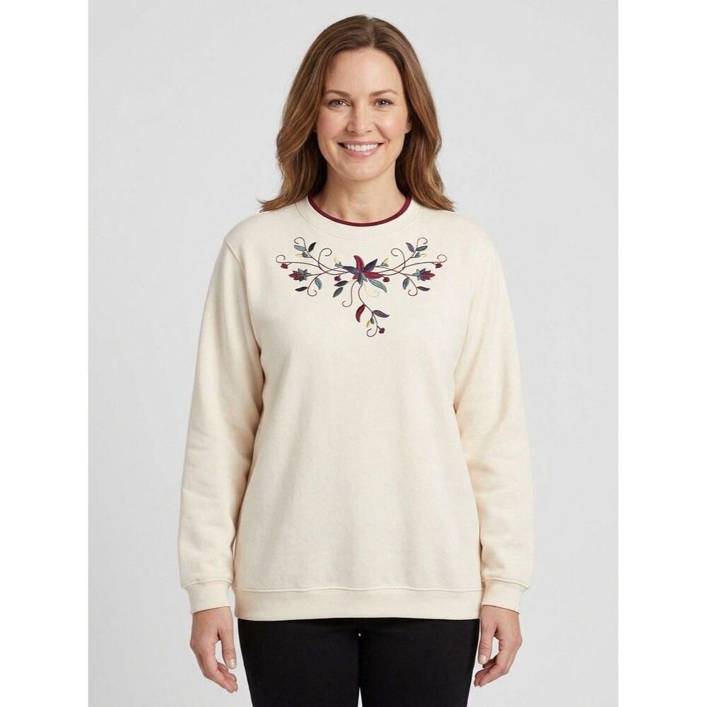 Vtg Blair Embroidered Floral Crewneck Sweatshirt Cream Burgundy Double Collar XL